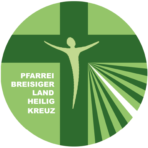 Das kreisförmige Logo zeigt ein dunkelgrünes Kreuz auf hellgrünem Hintergrund, mit einem stilisierten Kruzifix in der Mitte. Rechts unten strahlen Linien aus, links steht „Pfarrei Breisiger Land Heilig Kreuz“