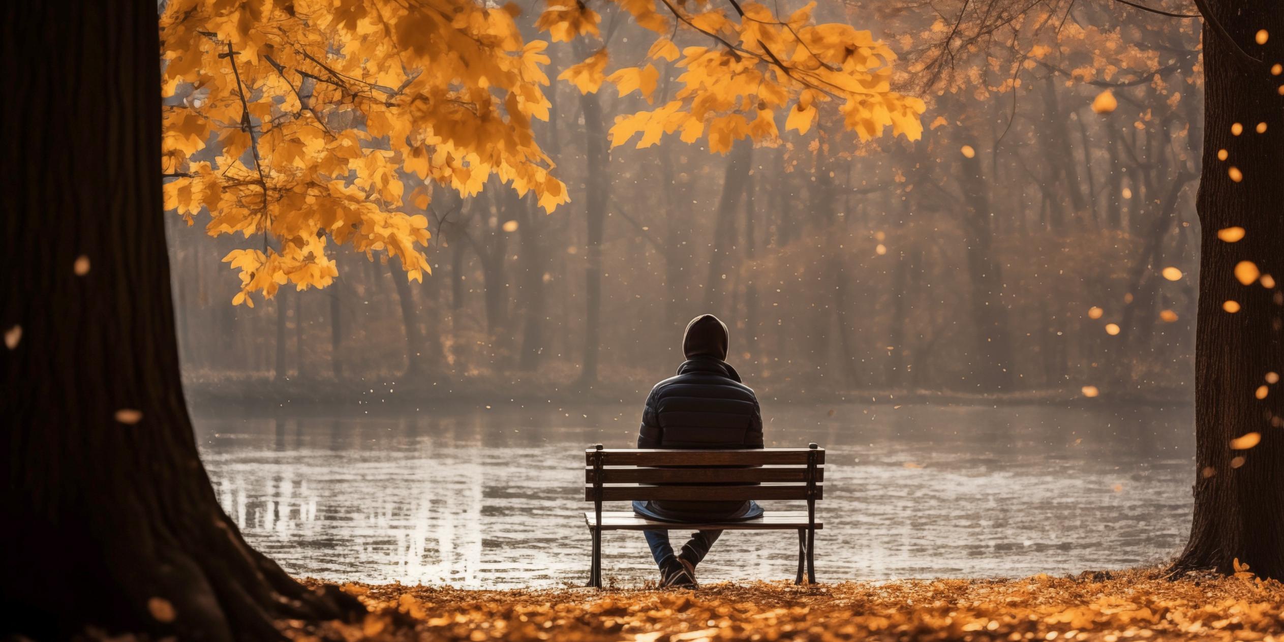 Person am See im Herbstwald